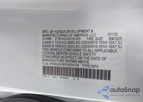 2023 Honda Odyssey Touring z USA, uszkodzony, nr VIN 5FNRL6H80PB004704